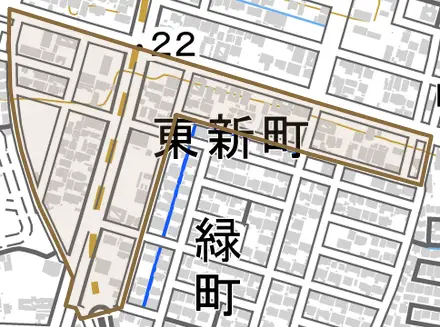 東新町とその周辺の地図。町の範囲を重ねている