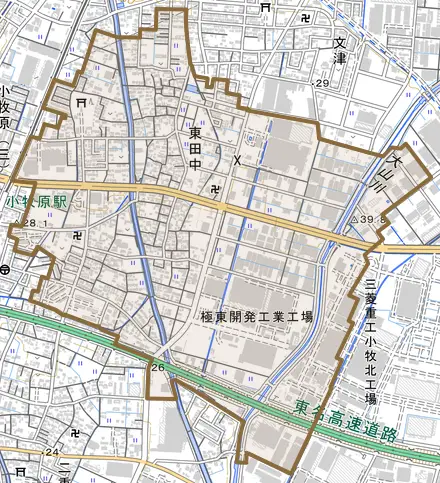 大字東田中とその周辺の地図。町の範囲を重ねている