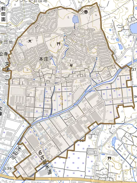 大字本庄とその周辺の地図。町の範囲を重ねている