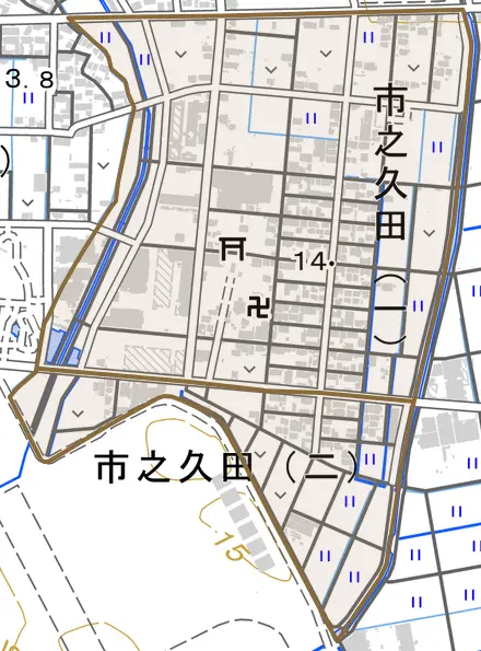 市之久田とその周辺の地図。町の範囲を重ねている