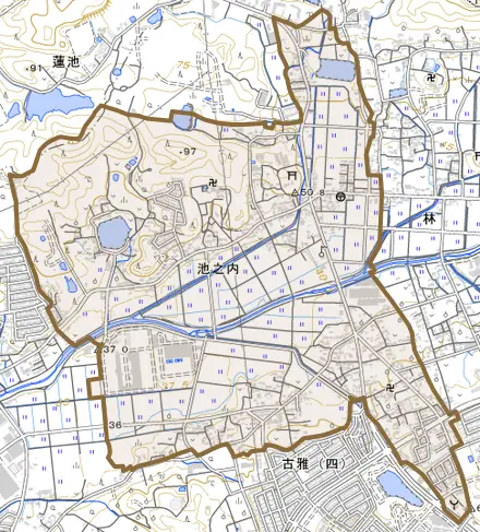 大字池之内とその周辺の地図。町の範囲を重ねている