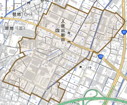 大字入鹿出新田とその周辺の地図。町の範囲を重ねている