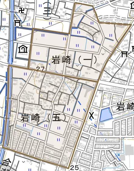 岩崎とその周辺の地図。町の範囲を重ねている