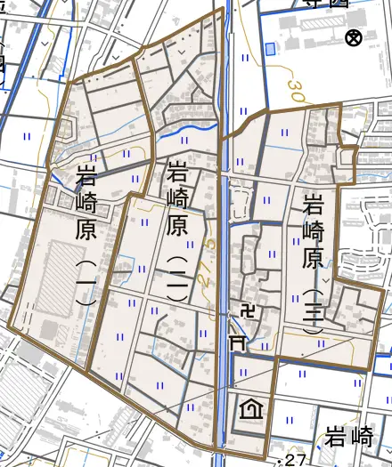 岩崎原とその周辺の地図。町の範囲を重ねている