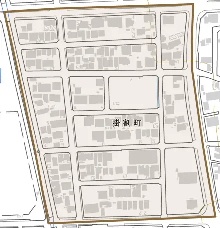 掛割町とその周辺の地図。町の範囲を重ねている