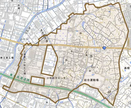 大字上末とその周辺の地図。町の範囲を重ねている