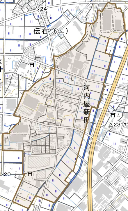 大字河内屋新田とその周辺の地図。町の範囲を重ねている