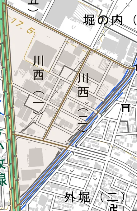 川西とその周辺の地図。町の範囲を重ねている