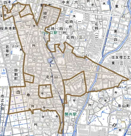 大字北外山とその周辺の地図。町の範囲を重ねている