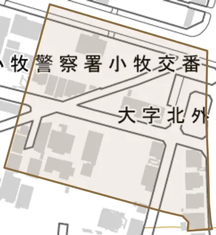 大字北外山入鹿新田とその周辺の地図。町の範囲を重ねている
