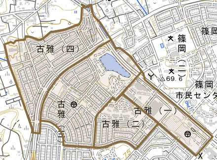 古雅とその周辺の地図。町の範囲を重ねている