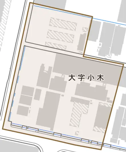 大字小木とその周辺の地図。町の範囲を重ねている