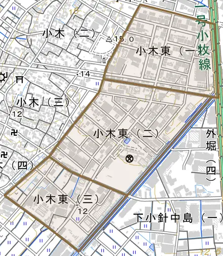 小木東とその周辺の地図。町の範囲を重ねている