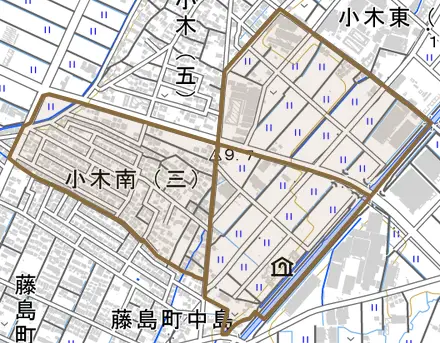 小木南とその周辺の地図。町の範囲を重ねている