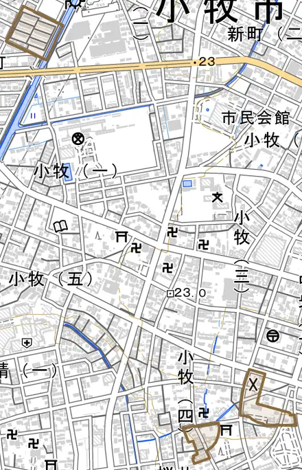 大字小牧とその周辺の地図。町の範囲を重ねている