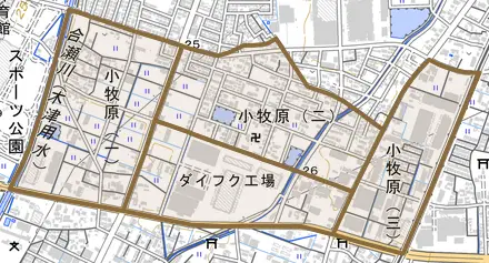 小牧原とその周辺の地図。町の範囲を重ねている