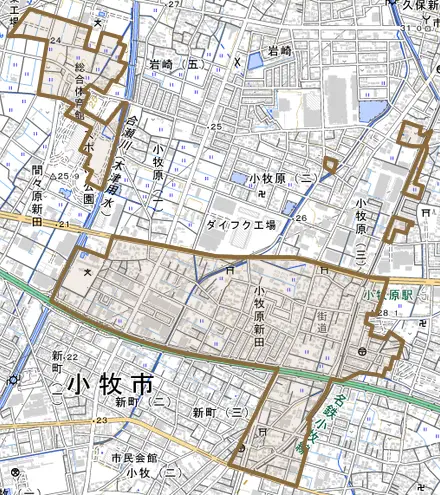 大字小牧原新田とその周辺の地図。町の範囲を重ねている