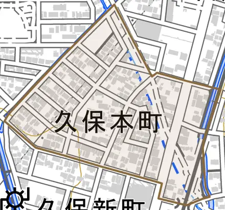 久保本町とその周辺の地図。町の範囲を重ねている