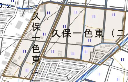 久保一色東とその周辺の地図。町の範囲を重ねている