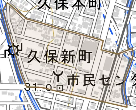久保新町とその周辺の地図。町の範囲を重ねている
