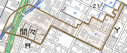 大字間々とその周辺の地図。町の範囲を重ねている