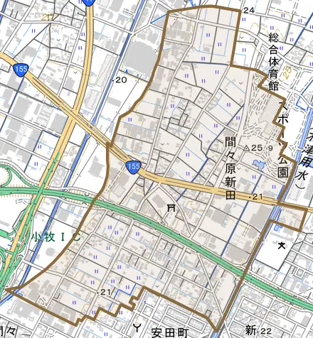 大字間々原新田とその周辺の地図。町の範囲を重ねている