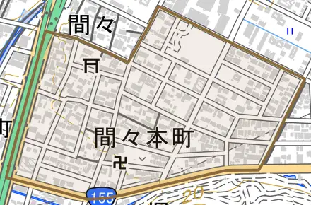 間々本町とその周辺の地図。町の範囲を重ねている