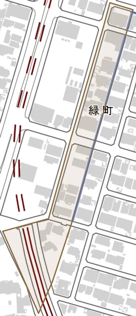 緑町とその周辺の地図。町の範囲を重ねている