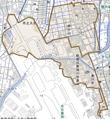 大字南外山とその周辺の地図。町の範囲を重ねている