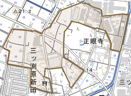 大字三ツ渕原新田とその周辺の地図。町の範囲を重ねている