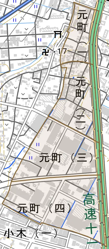 元町とその周辺の地図。町の範囲を重ねている