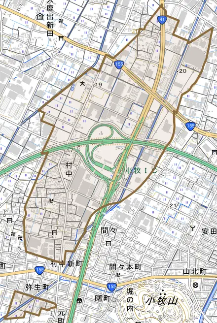 大字村中とその周辺の地図。町の範囲を重ねている