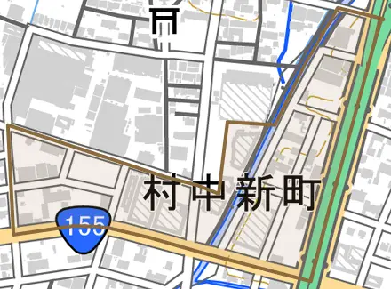 村中新町とその周辺の地図。町の範囲を重ねている