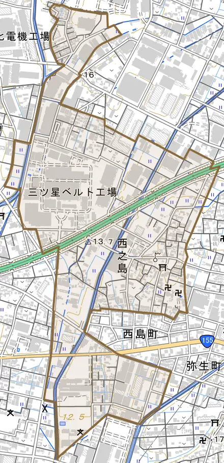 大字西之島とその周辺の地図。町の範囲を重ねている