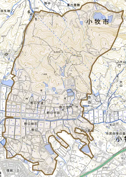 大字野口とその周辺の地図。町の範囲を重ねている