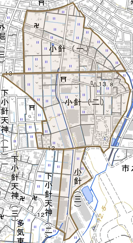 小針とその周辺の地図。町の範囲を重ねている