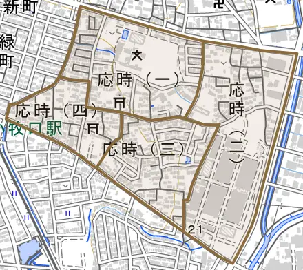 応時とその周辺の地図。町の範囲を重ねている