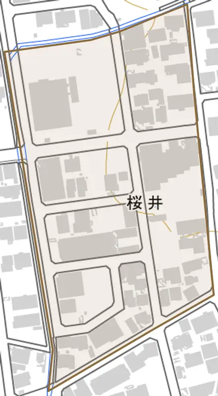 桜井とその周辺の地図。町の範囲を重ねている