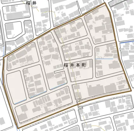 桜井本町とその周辺の地図。町の範囲を重ねている