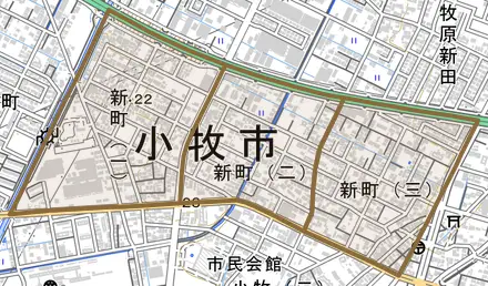 新町とその周辺の地図。町の範囲を重ねている