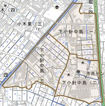 下小針中島とその周辺の地図。町の範囲を重ねている