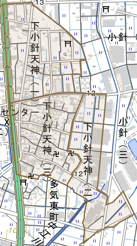 下小針天神とその周辺の地図。町の範囲を重ねている