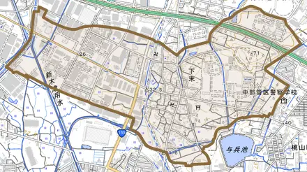 大字下末とその周辺の地図。町の範囲を重ねている