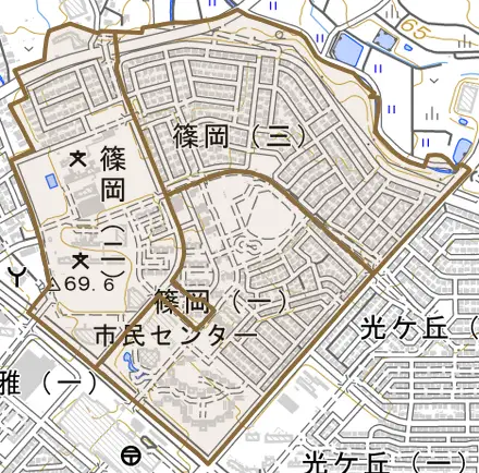 篠岡とその周辺の地図。町の範囲を重ねている