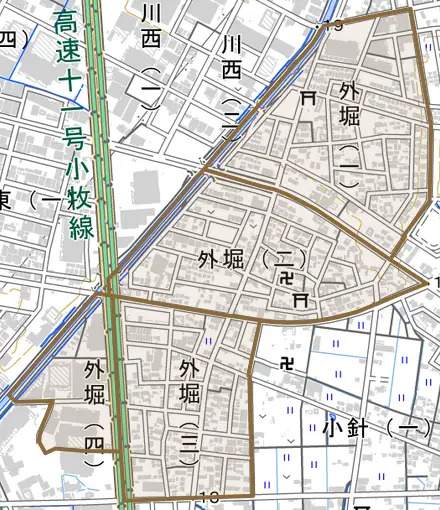 外堀とその周辺の地図。町の範囲を重ねている