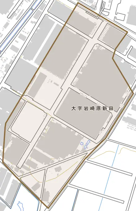 大字岩崎原新田とその周辺の地図。町の範囲を重ねている