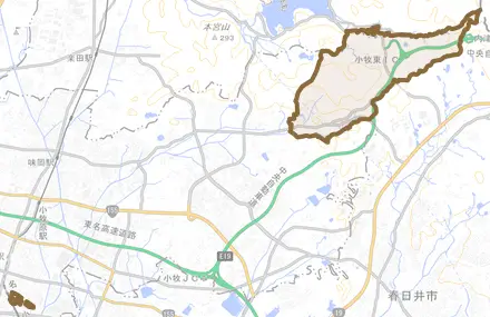 大字大山とその周辺の地図。町の範囲を重ねている