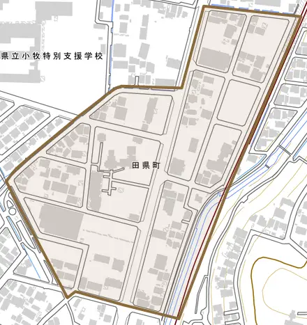 田県町とその周辺の地図。町の範囲を重ねている