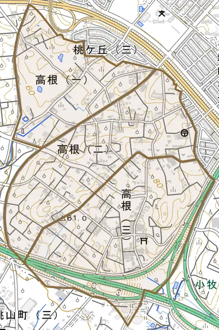 高根とその周辺の地図。町の範囲を重ねている