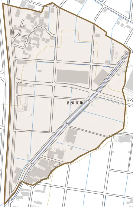 多気東町とその周辺の地図。町の範囲を重ねている